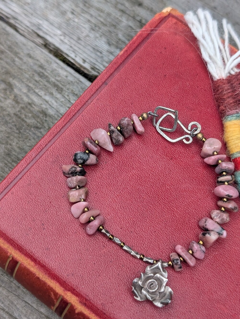Handcrafted Pink Rhodonite Bead Bracelet with Sterling Silver Rose Charm
